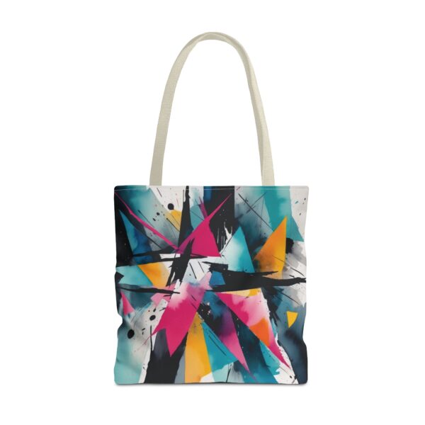 Geometric Chaos Tote Bag with abstract design and black handles