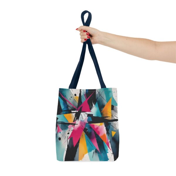 Geometric Chaos Tote Bag with abstract design and black handles