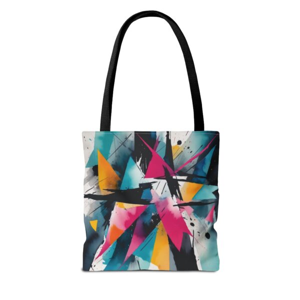 Geometric Chaos Tote Bag with abstract design and black handles