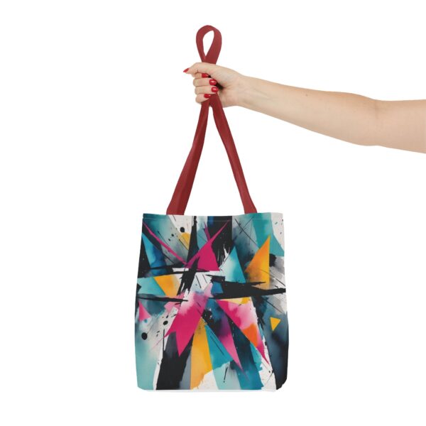 Geometric Chaos Tote Bag with abstract design and black handles