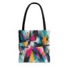 Geometric Chaos Tote Bag with abstract design and black handles