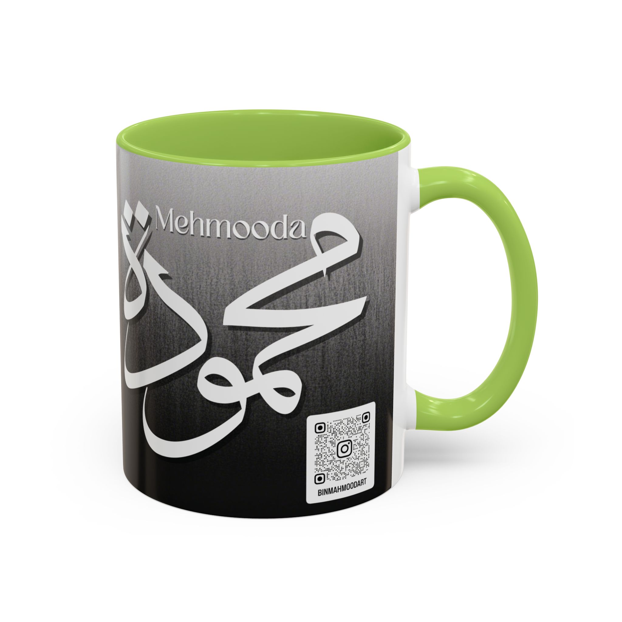 Personalized Arabic, Urdu, and Persian Fusion Calligraphy Mug – Mahmooda Name Design by Bin Mahmood