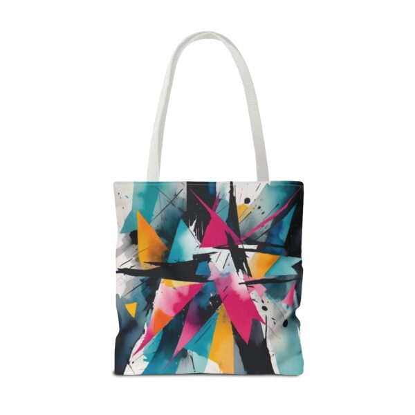 Geometric Chaos Tote Bag with abstract design and black handles