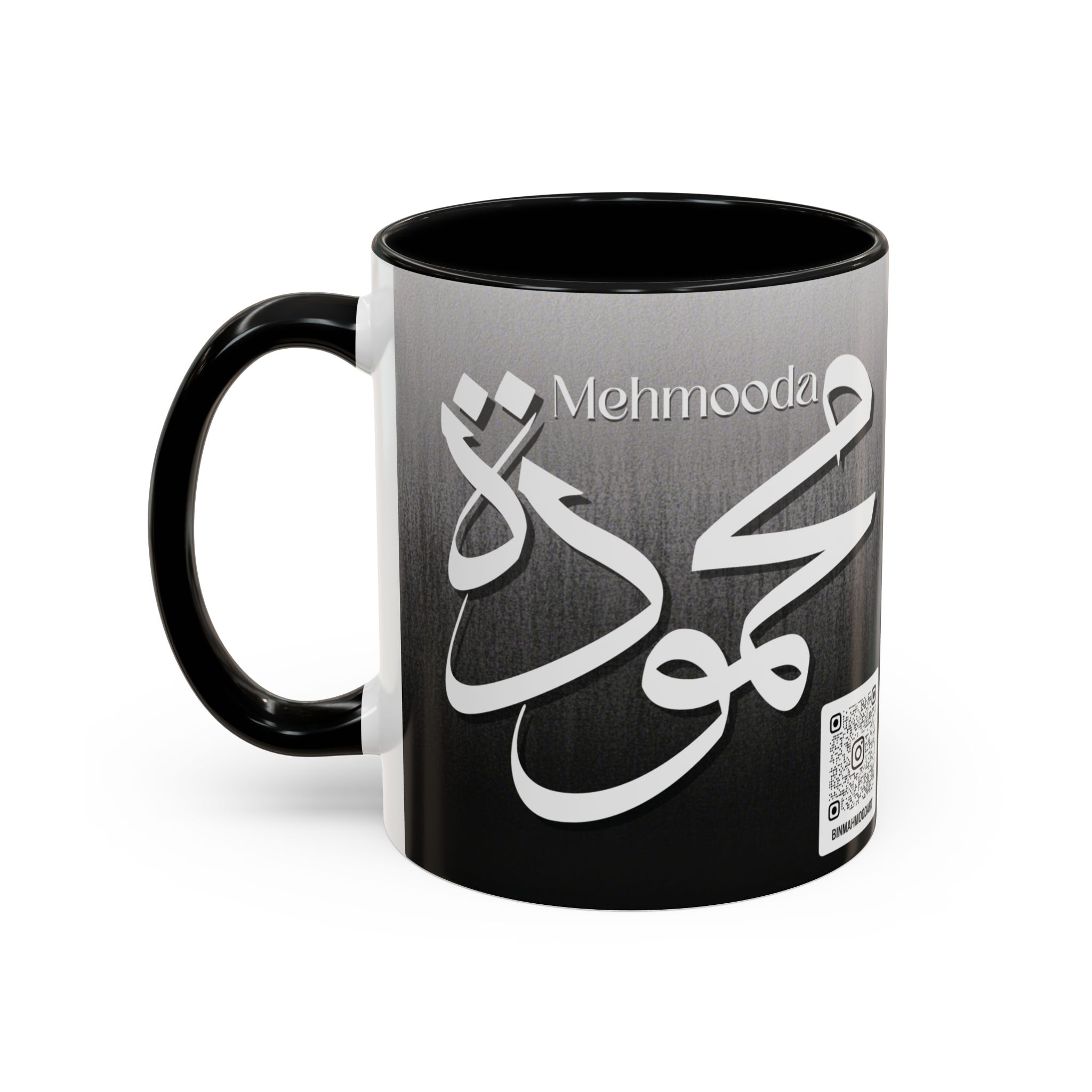 Personalized Arabic, Urdu, and Persian Fusion Calligraphy Mug – Mahmooda Name Design by Bin Mahmood