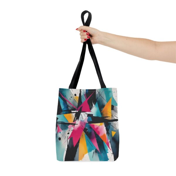 Geometric Chaos Tote Bag with abstract design and black handles