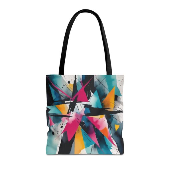 Geometric Chaos Tote Bag with abstract design and black handles