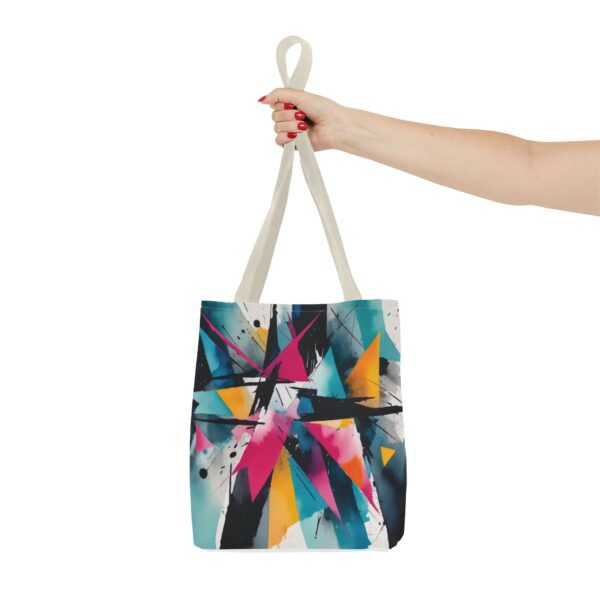 Geometric Chaos Tote Bag with abstract design and black handles