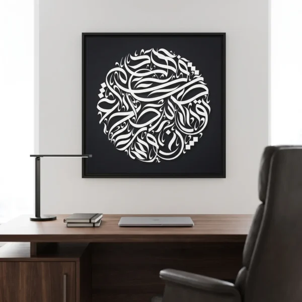 Life style product photography of abstract Arabic calligraphy round canvas wall art