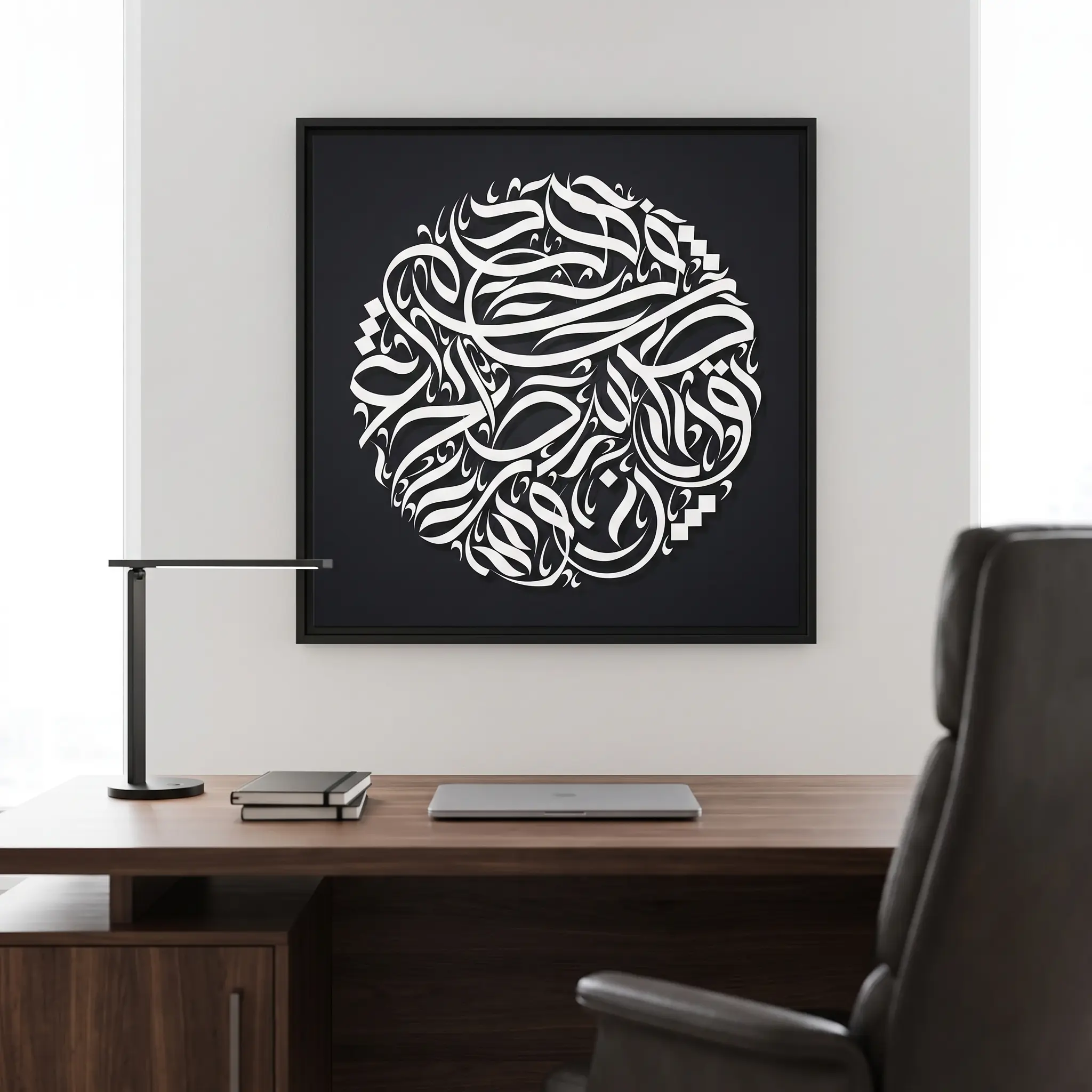 Life style product photography of abstract Arabic calligraphy round canvas wall art