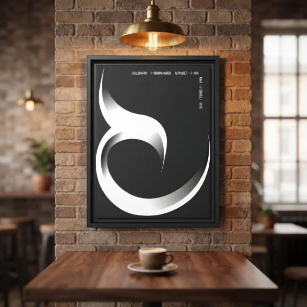 Product photoshoot of Haa Arabic calligraphy alphabet in Sunbuli calligraphy wall canvas wrap mounted on a exposed brick café wall - binmahmood