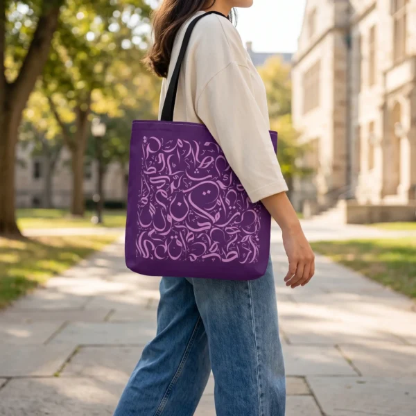 Product photoshoot of artistic Arabic calligraphy Cosmic tone tote bag held shoulder down by a model at a university campus - tote size 18"X18" - binmahmood