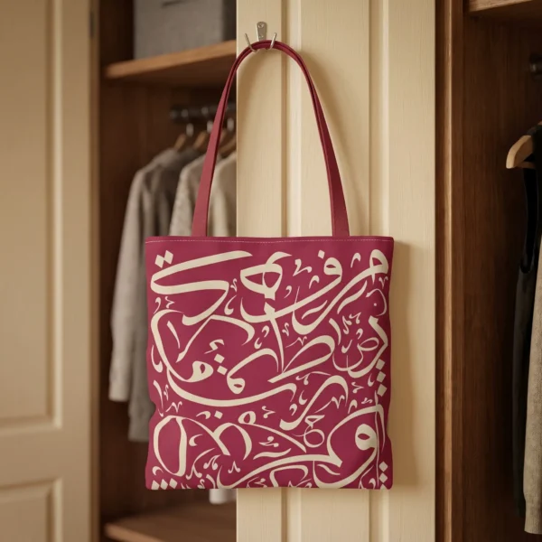 Product photography of artistic Arabic calligraphy Rich Berry and Warm Alabaster Tone Tote Bag hangs from a hook mounted on the back of the door - tote size 13"X13" - binmahmood