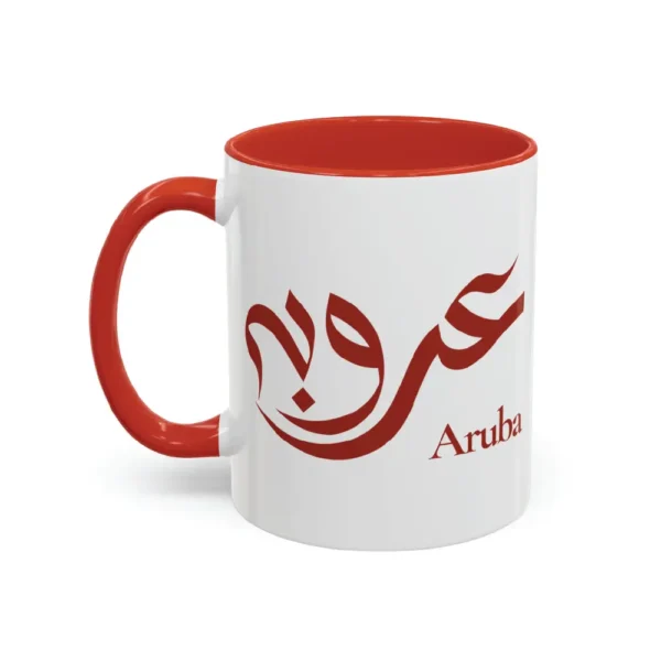 Aruba name hand-crafted in Al-Wisaam Arabic calligraphy in crimson ink on an 11oz white ceramic mug with red two-tone accent — mouse-crafted by BinMahmood