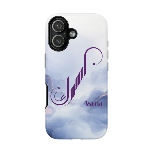 Asma personalized Arabic calligraphy iPhone tough case – soft blue marble cloud background with deep purple fusion script – custom name phone cover