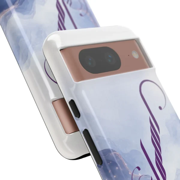 Asma personalized Arabic calligraphy iPhone tough case – soft blue marble cloud background with deep purple fusion script – custom name phone cover