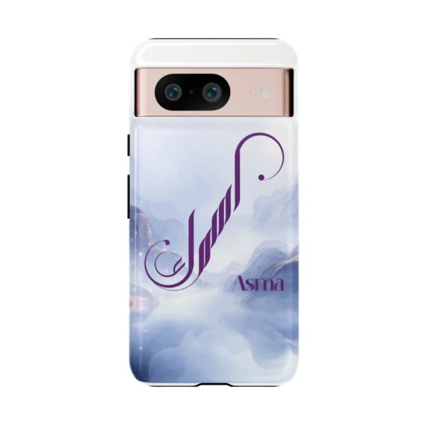 Asma personalized Arabic calligraphy iPhone tough case – soft blue marble cloud background with deep purple fusion script – custom name phone cover
