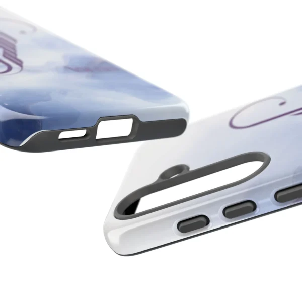 Asma personalized Arabic calligraphy iPhone tough case – soft blue marble cloud background with deep purple fusion script – custom name phone cover