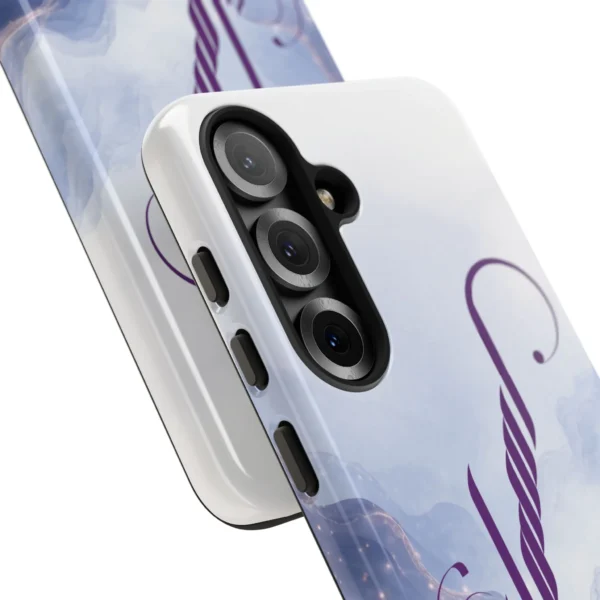 Asma personalized Arabic calligraphy iPhone tough case – soft blue marble cloud background with deep purple fusion script – custom name phone cover