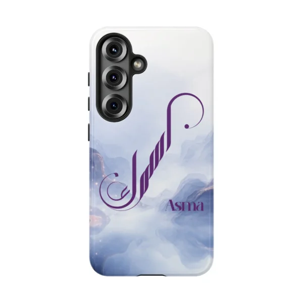 Asma personalized Arabic calligraphy iPhone tough case – soft blue marble cloud background with deep purple fusion script – custom name phone cover
