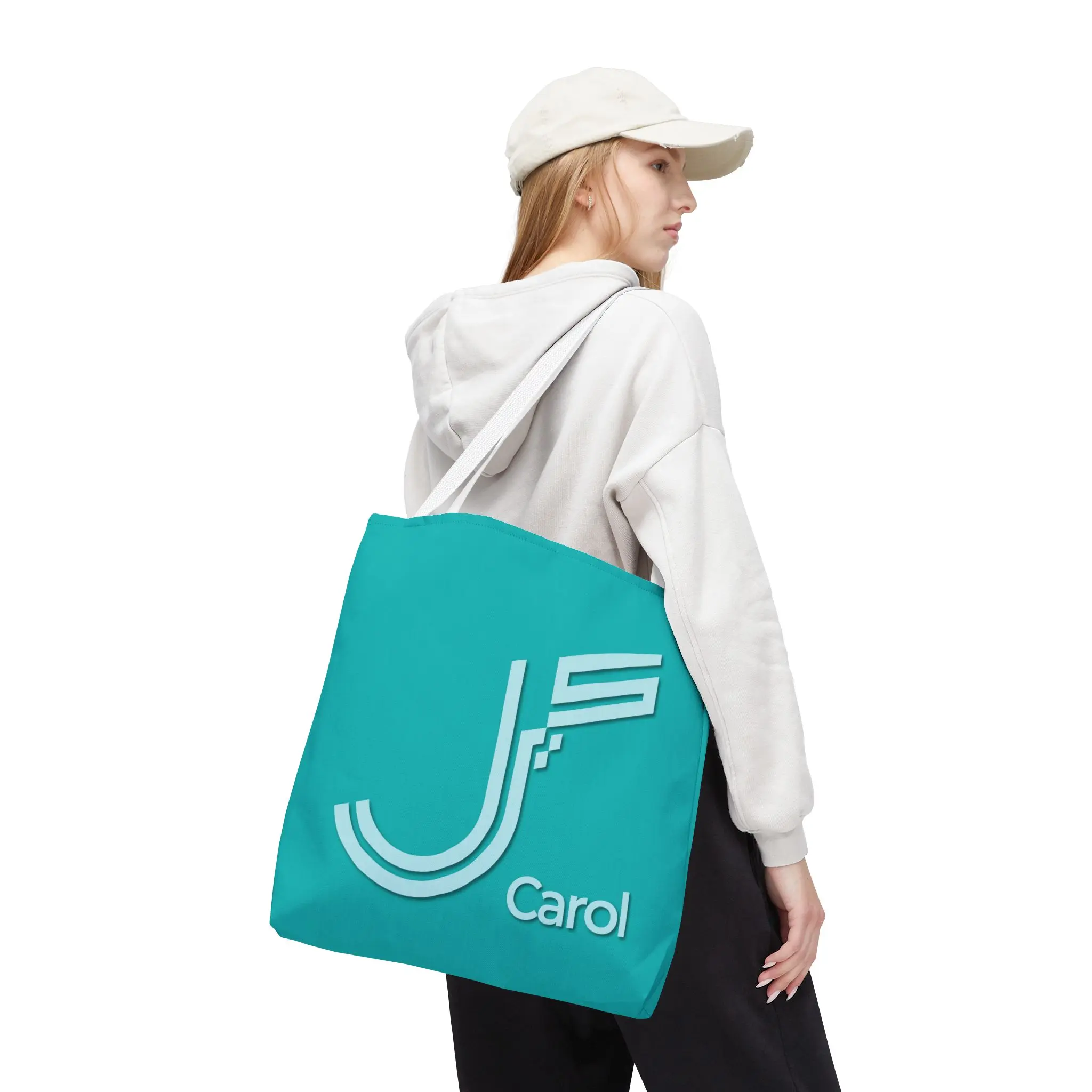 Product Printify mockup with white background for Carol personalized Fusion Persian - Urdu calligraphy tote - Teal Eiditon - binmahmood