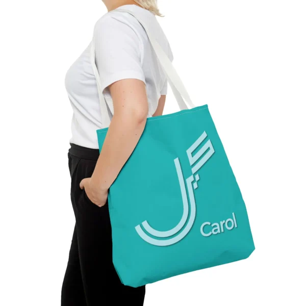 Product Printify mockup with white background for Carol personalized Fusion Persian - Urdu calligraphy tote - Teal Eiditon - binmahmood