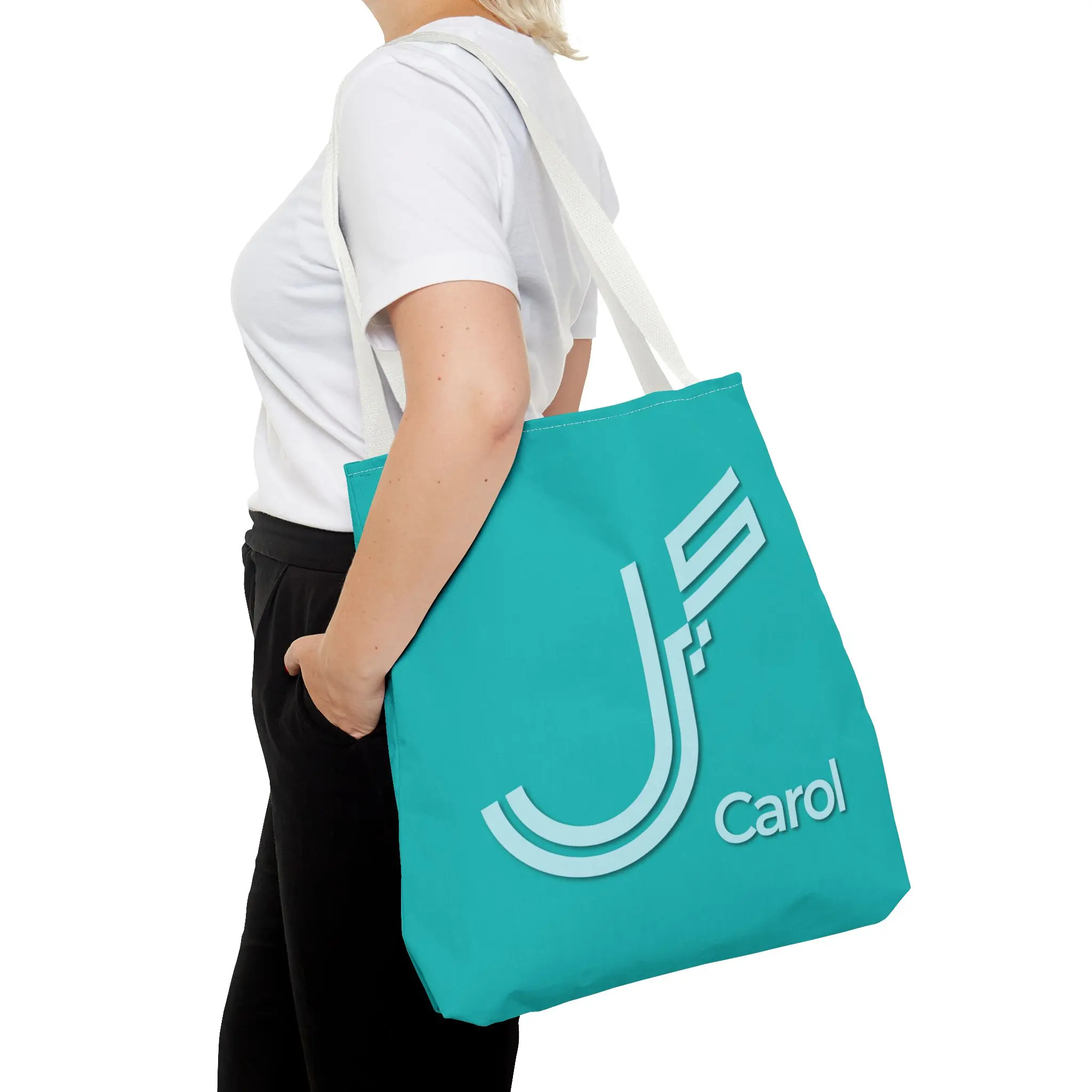Product Printify mockup with white background for Carol personalized Fusion Persian - Urdu calligraphy tote - Teal Eiditon - binmahmood