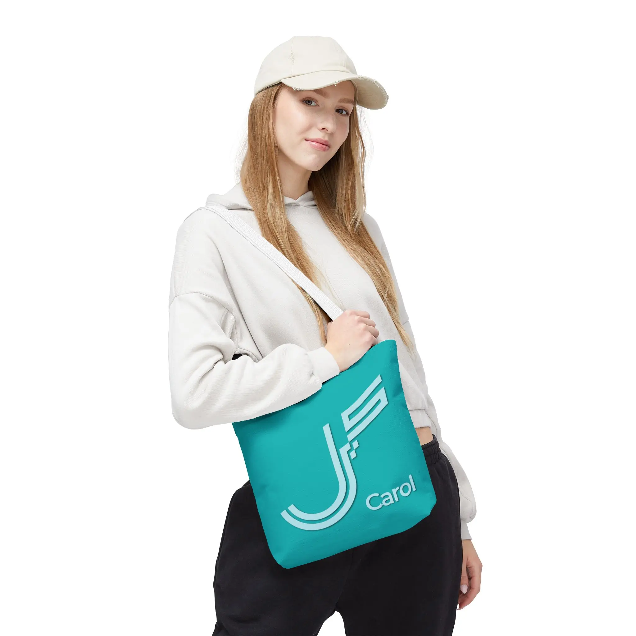 Product Printify mockup with white background for Carol personalized Fusion Persian - Urdu calligraphy tote - Teal Eiditon - binmahmood