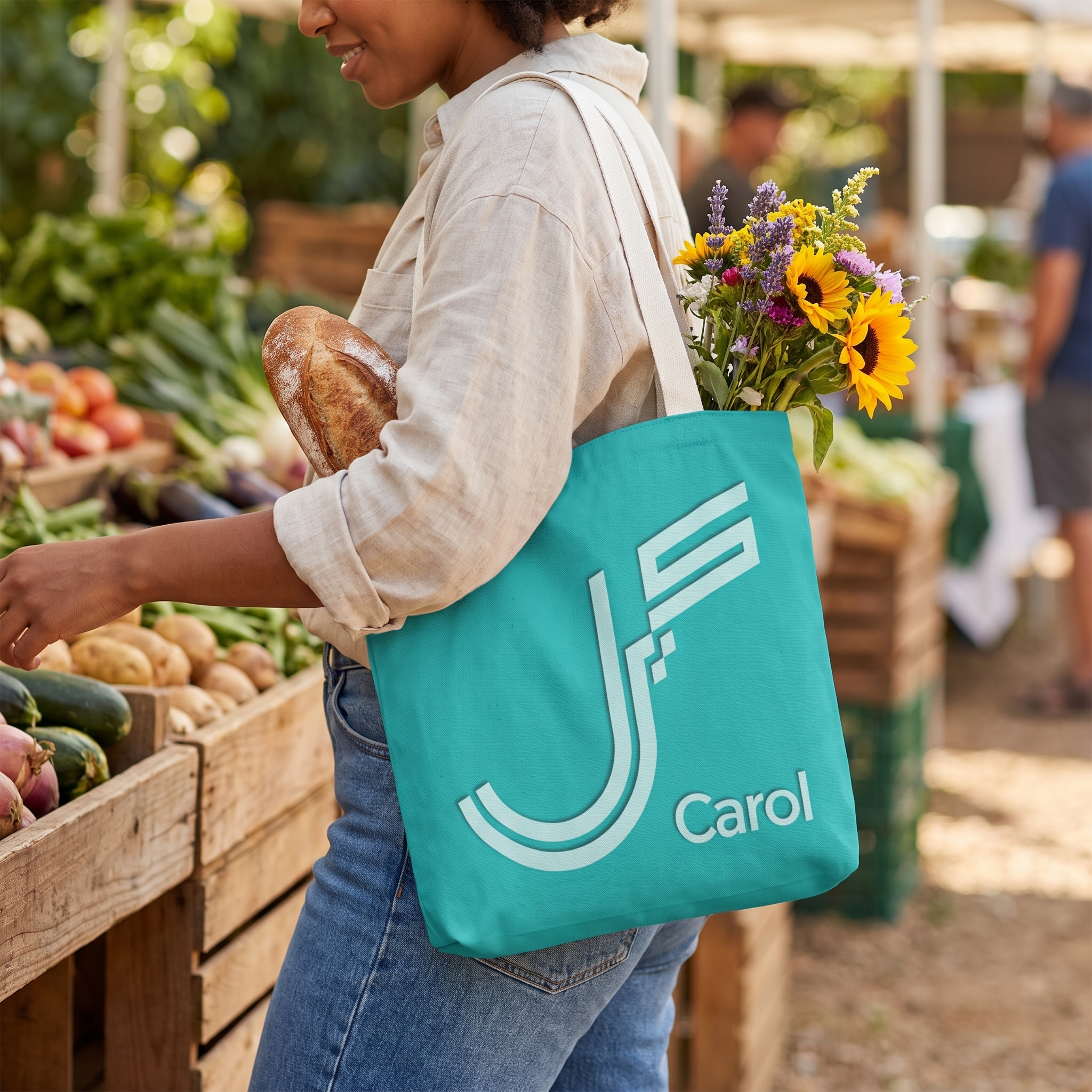 Product photoshoot of Carol personalized Persian Urdu Fusion calligraphy teal tone tote bag held shoulder down by a model at a farmer's market - tote size 16"X16" - binmahmood