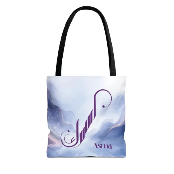 Asma name in BinMahmood original Arabic fusion calligraphy in plum purple ink on a white polyester tote bag with black handles, marble cloud background — mouse-crafted by BinMahmood