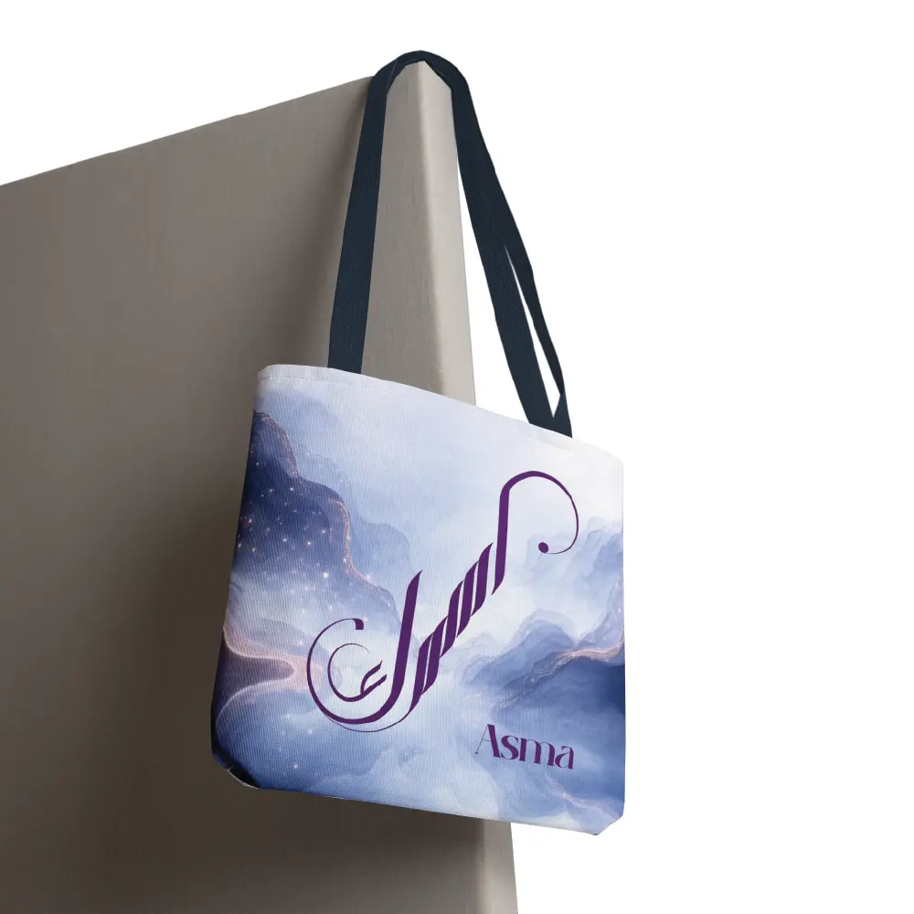 Asma name in BinMahmood original Arabic fusion calligraphy in plum purple ink on a white polyester tote bag with black handles, marble cloud background — mouse-crafted by BinMahmood