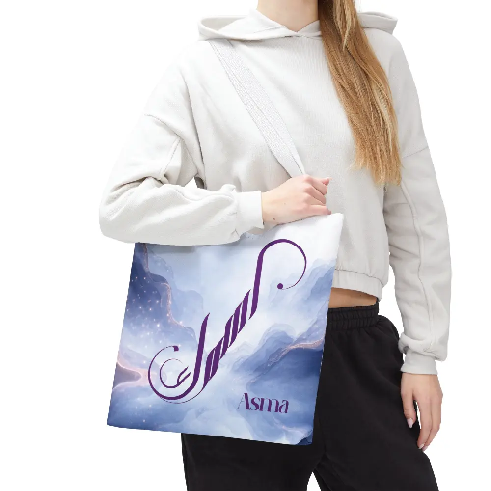 Asma name in BinMahmood original Arabic fusion calligraphy in plum purple ink on a white polyester tote bag with white handles, marble cloud background — mouse-crafted by BinMahmood