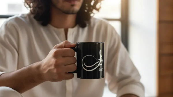 A model holding a steaming black ceramic mug with the name Faraz in white Sunbuli-inspired Arabic calligraphy, illustrating the difference between mouse-crafted precision and AI-generated art.