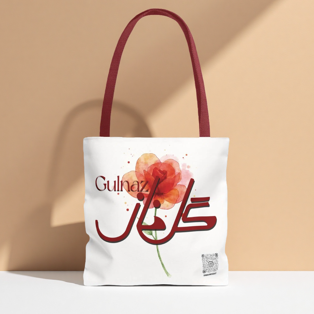 Gulnaz Tote Bag – Geometric Fusion Arabic–Persian Calligraphy with Floral Design