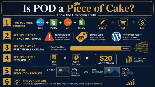 Infographic showing the hidden costs and challenges of running a print-on-demand business, including Etsy suspension risks, Shopify monthly fees, free-tier limitations, listing costs, and print resolution requirements for high-quality products.