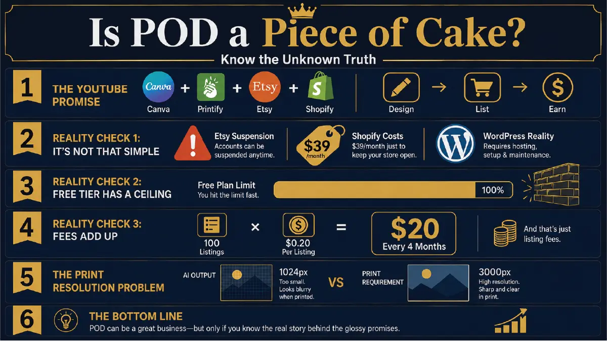 Infographic showing the hidden costs and challenges of running a print-on-demand business, including Etsy suspension risks, Shopify monthly fees, free-tier limitations, listing costs, and print resolution requirements for high-quality products.