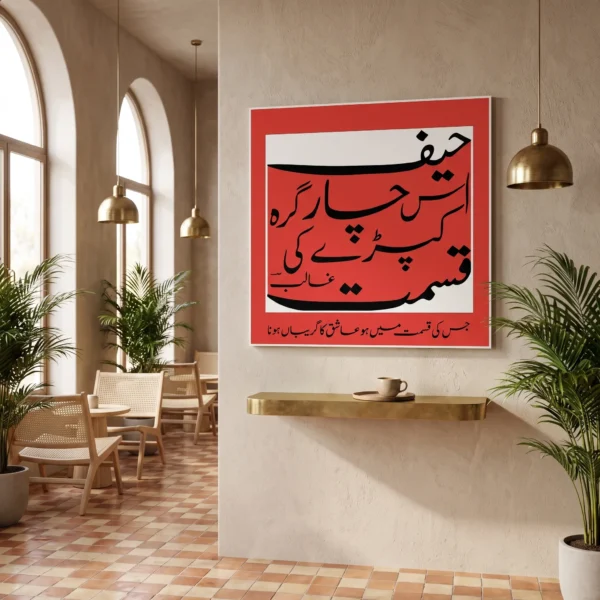 Ghalib Urdu calligraphy canvas hanging on a café wall, 24x24 inch square art print