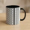 Palestine Keffiyeh pattern two-tone black ceramic mug on wooden table — BinMahmood