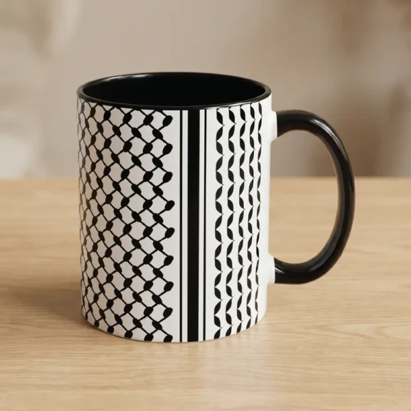 Palestine Keffiyeh pattern two-tone black ceramic mug on wooden table — BinMahmood