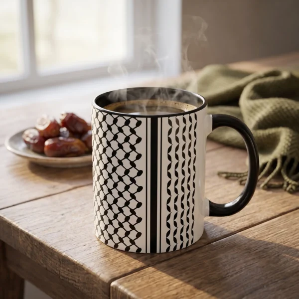 Palestine Keffiyeh two-tone mug with black interior filled with coffee on a wooden table in warm morning light
