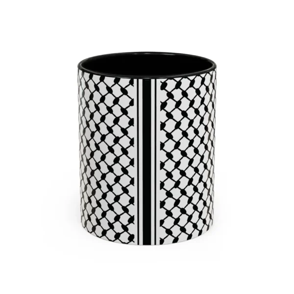 Palestine Keffiyeh two-tone ceramic mug with black interior and handle, white background product photo