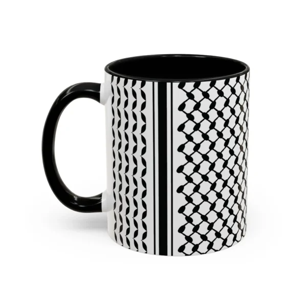 Palestine Keffiyeh two-tone ceramic mug with black interior and handle, white background product photo