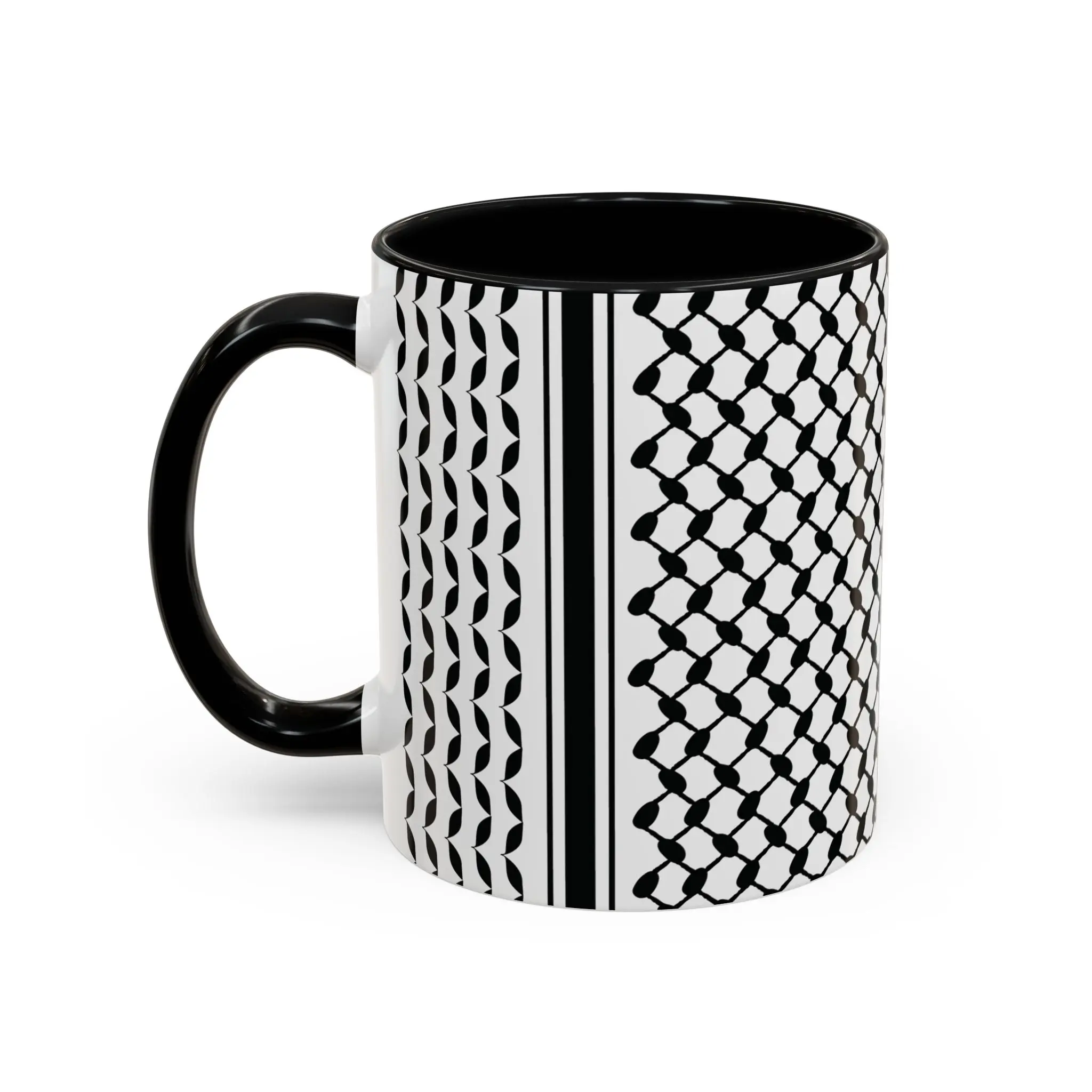 Palestine Keffiyeh two-tone ceramic mug with black interior and handle, white background product photo