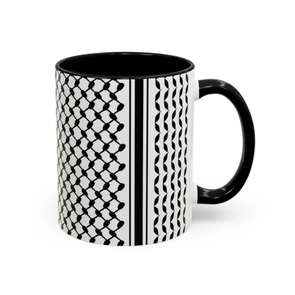 Palestine Keffiyeh two-tone ceramic mug with black interior and handle, white background product photo