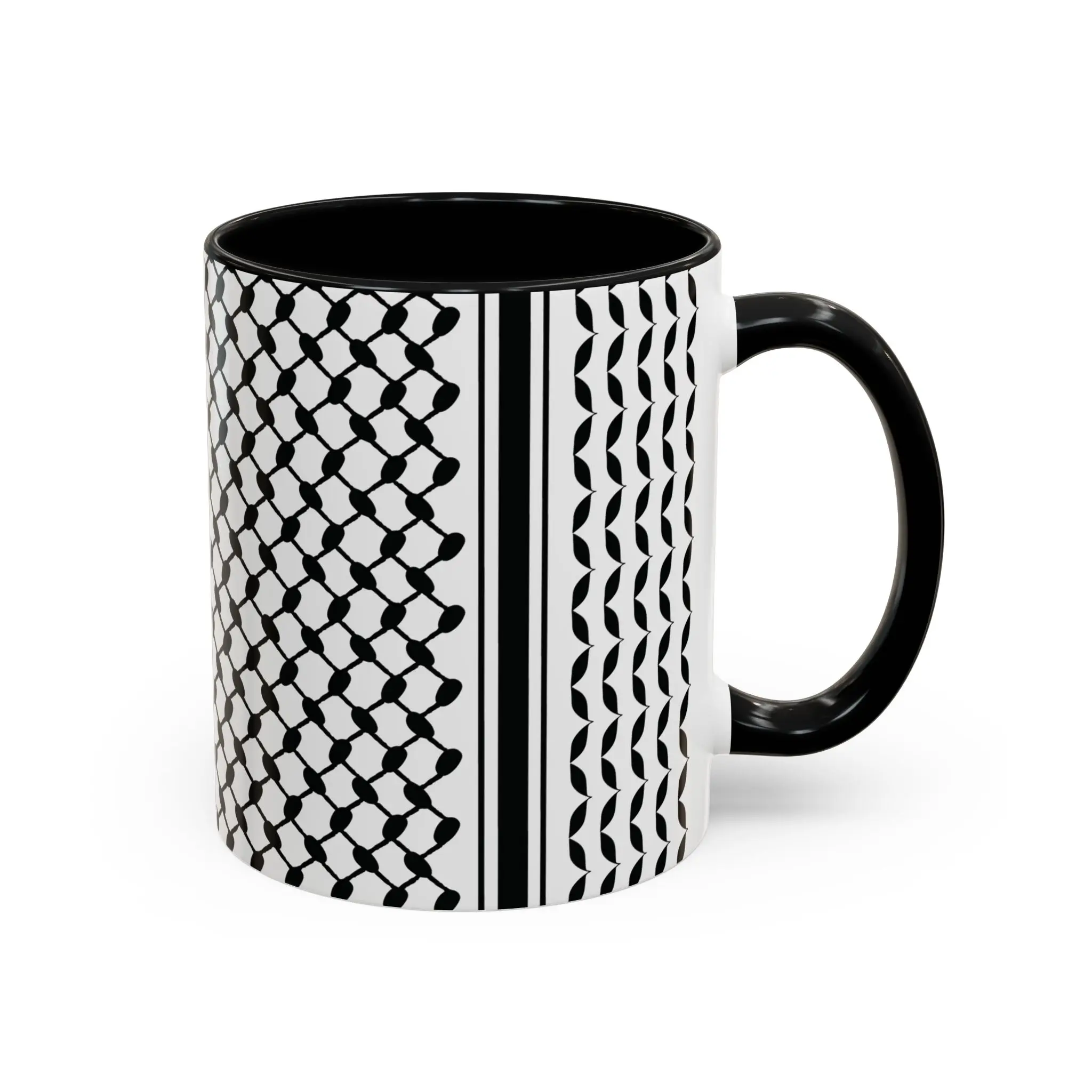 Palestine Keffiyeh two-tone ceramic mug with black interior and handle, white background product photo