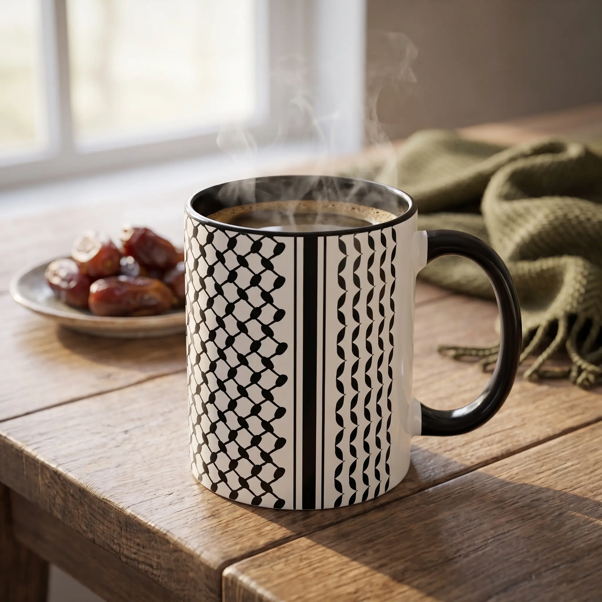 Palestine Keffiyeh two-tone mug with black interior filled with coffee on a wooden table in warm morning light