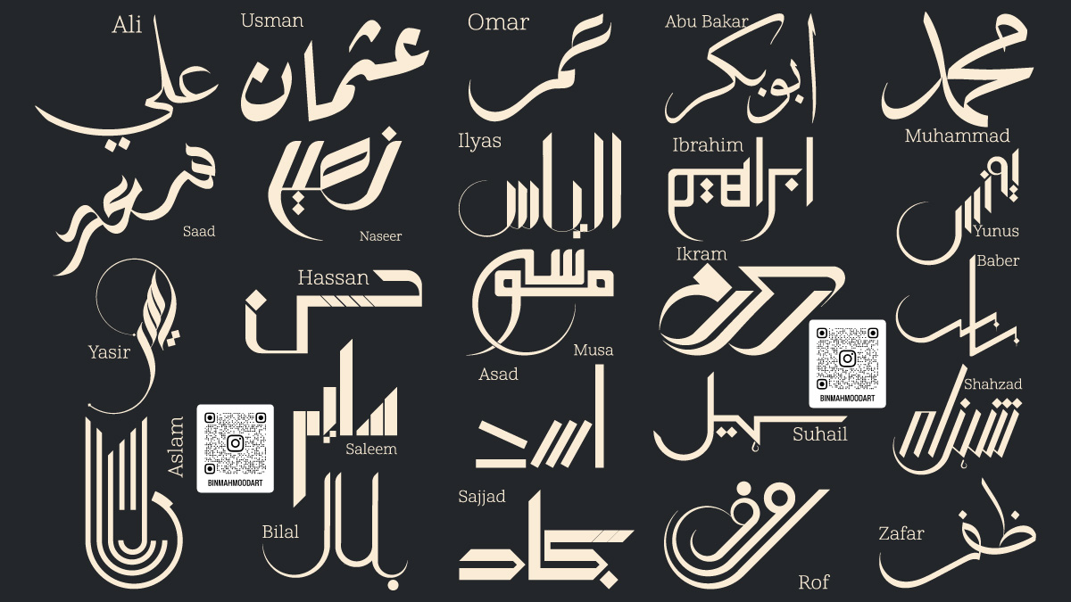 A collage of personalized male names rendered in a fusion of traditional and modern Arabic, Urdu, and Persian calligraphy styles, handcrafted digitally by BinMahmood.