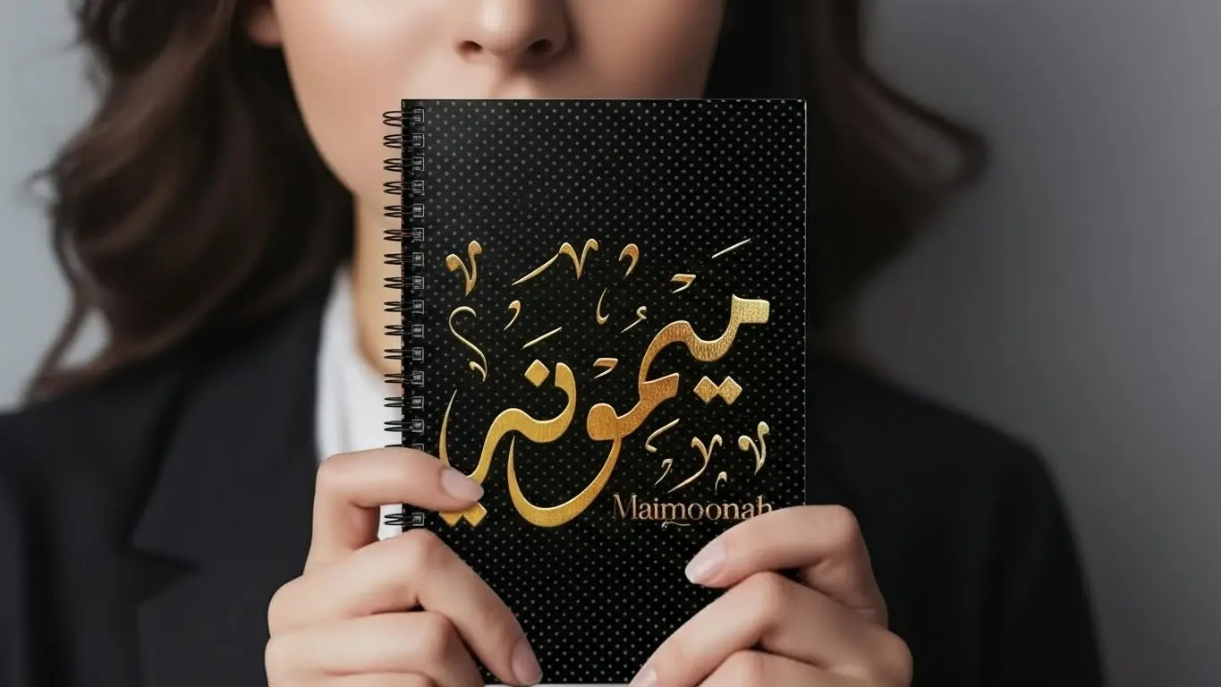 Life style image of model holding spiral notebook with Maimoonah written in Arabic Diwani Calligraphy - binmahmood
