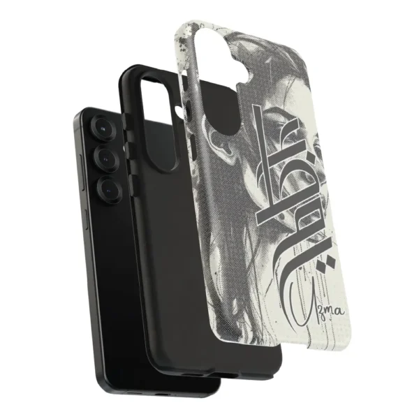 Uzma name in BinMahmood original Arabic fusion calligraphy in grey ink on a dual-layer protective phone case, white background product view — mouse-crafted by BinMahmood