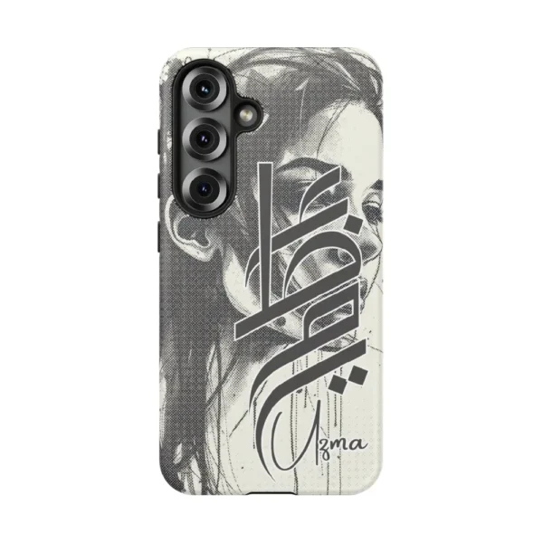 Uzma name in BinMahmood original Arabic fusion calligraphy in grey ink on a dual-layer protective phone case, white background product view — mouse-crafted by BinMahmood