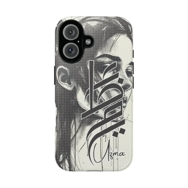 Uzma name in BinMahmood original Arabic fusion calligraphy in grey ink on a dual-layer protective phone case, white background product view — mouse-crafted by BinMahmood